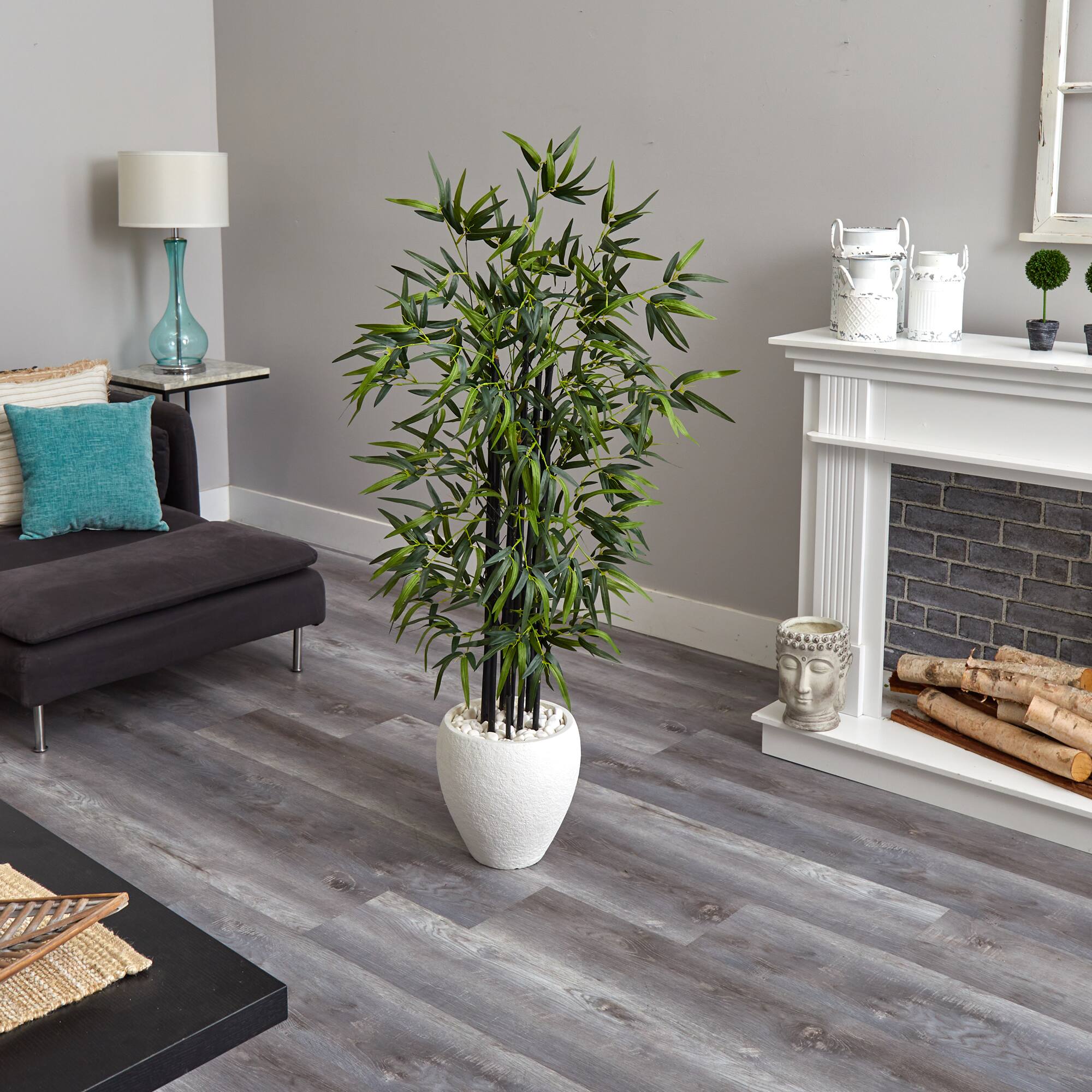 5ft. Black Bamboo Tree in White Oval Planter